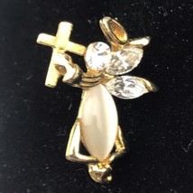 Angel Christian Catholic Charm Cross Pin Vintage Gold Tone Jeweled Halo - $12.95