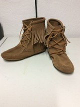 Minnetonka Womens Hardsole Moccasin Ankle Boot Suede Brown w Fringe SIZE... - $37.95