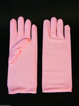 SHORT PINK NYLON ADULT FEMALE DRESS GLOVES COMPLETES MANY ELEGANT COSTUMES - $6.81