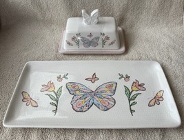 Ceramic Covered Butterfly Butter Dish &amp; Matching Serving Tray Stained Gl... - £29.56 GBP