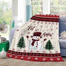 Winter Snowman Flannel Throw Blanket With Red Plaid Topper, Lightweight Soft - £32.06 GBP