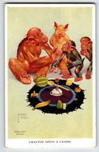 Monkey Pig Casino Wheel Game Postcard Larson Wood Signed Fantasy Anthropomorphic - £20.73 GBP
