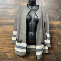 Talbots Cardigan Sweater Women Small Petite Open Merino Wool Taupe Gray Striped - £12.62 GBP