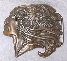 Vintage Native American Indian Chief Profile with Headdress Brass Belt Buckle - £12.71 GBP