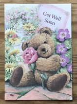 Vintage Teddy Bear Holding Rose In Flower Garden Get Well Soon Greeting ... - $3.96