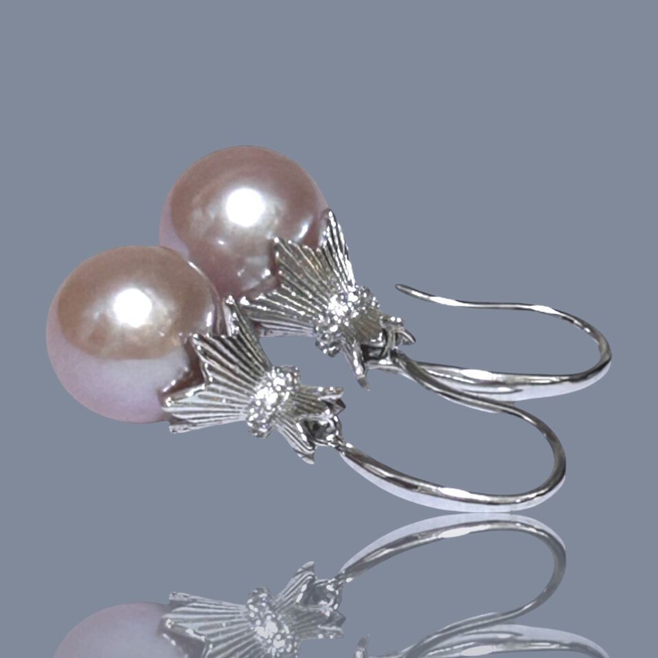 Glorious Purple Peach Pink Round 10 - 10.5mm Cultured Pearl Dangle Hook Earrings - $76.00