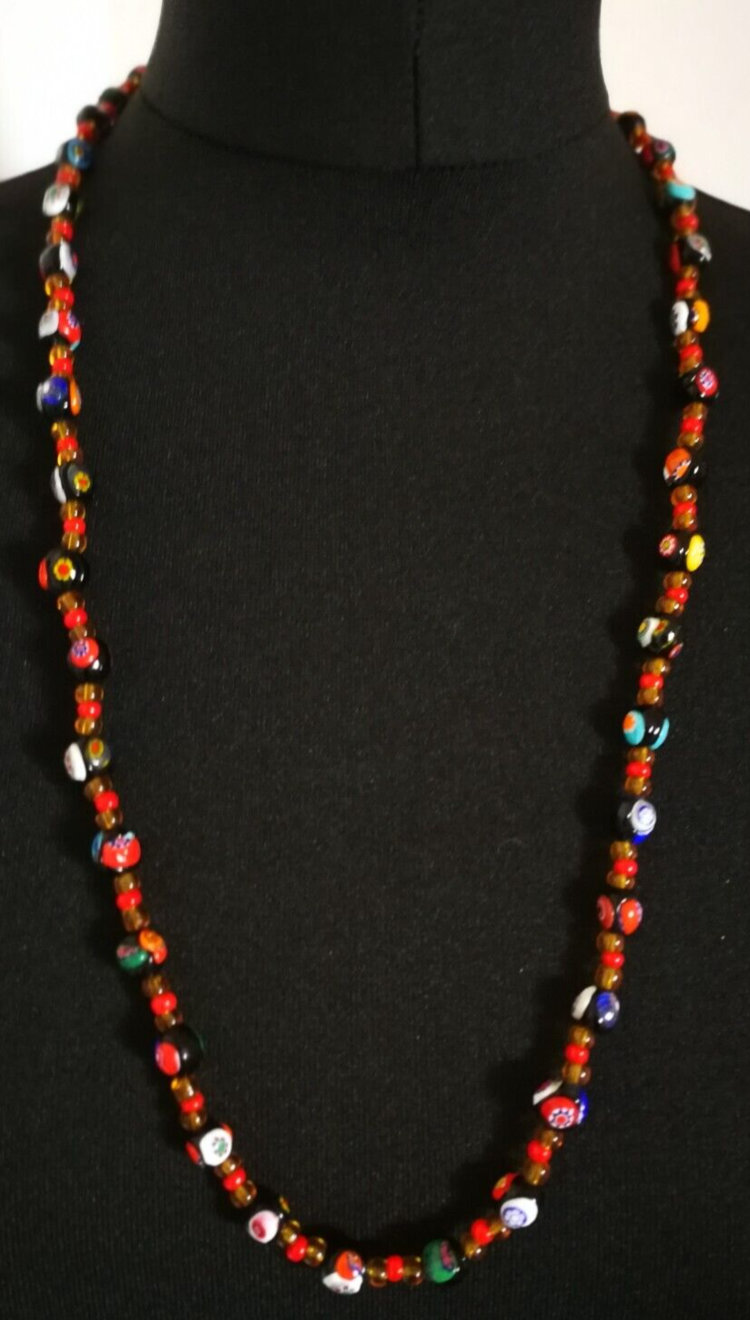 Primary image for Millefiori Glass Bead Necklace Vintage Murano Italy Bohemian  Long Colourful