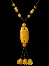 Lovely Yellow Jade 3 Orchid Flower Beaded fringe Lulutong Vase Pendant N... - $13.45