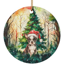 Cute Boston Terrier Puppy Dog In Forest Christmas Ornament Ceramic Gift Decor - £11.86 GBP