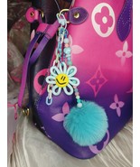 Happy flower blue bag charm - handmade polymer clay charm with pompom an... - $21.00