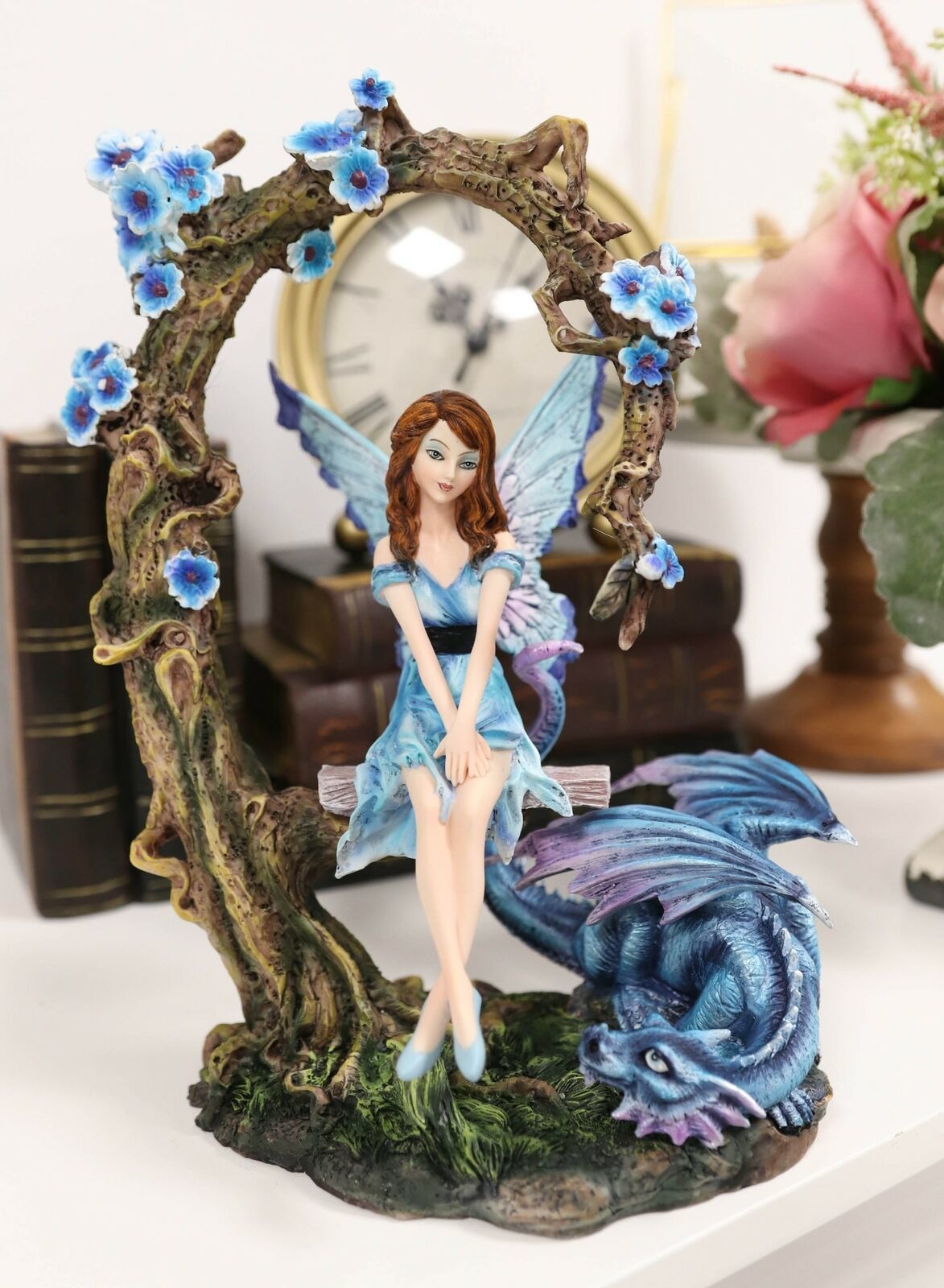 Amy Brown Blue Pretty Fairy Sitting On Tree Swing Bench by Pet Dragon Statue