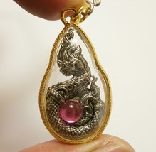 Naga Phaya Nak big magic snake pendant Pink crystal necklace locket amulet bless - £31.92 GBP