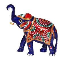 Blue Floral Elephant White Metal Hand Painted metal crafts Souvenir gifts - £31.48 GBP
