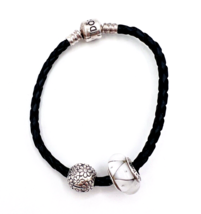 Pandora 925 ALE Black Braided Leather Bracelet Two Charms Barrel Clasp 7 in - £31.58 GBP