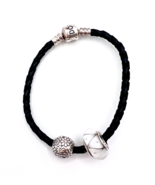 Pandora 925 ALE Black Braided Leather Bracelet Two Charms Barrel Clasp 7 in - £31.73 GBP