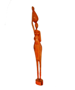 Vtg hand carved stained wood tall traditional African woman statue water... - $25.00