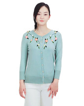 Aqua Green Button Up Cardigan Sweater w Crocheted Flowers Size S or M - ... - £21.94 GBP