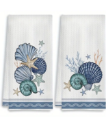 Coastal Decor Kitchen Tea Towels - Sea Shells Beach Theme - SET of 2 - $19.79