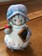 Vintage Schmid Kitty Cucumber Porcelain Gray Striped Cat with Red Apple ... - £11.71 GBP