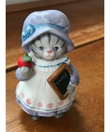 Vintage Schmid Kitty Cucumber Porcelain Gray Striped Cat with Red Apple ... - £11.12 GBP