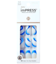 Impress Press On Manicure Mesmerize M Medium 30 Artificial Nails Kiss Blue White - £4.00 GBP