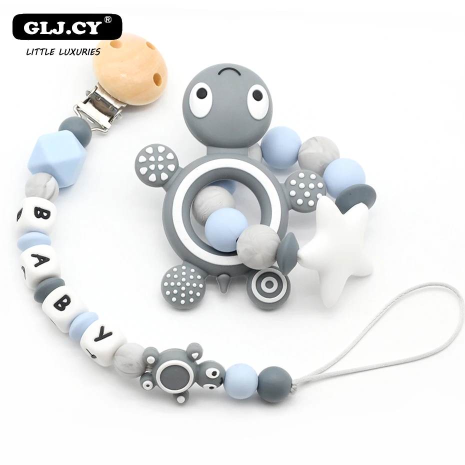 Personalised Name Baby Pacifier Clip Silicone Tortoise Rattles Toys Teet... - $34.27
