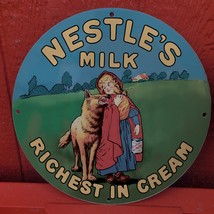 Vintage Nestle&#39;s Richest In Cream Swiss Milk Porcelain Gas &amp; Oil Pump Sign - £98.77 GBP