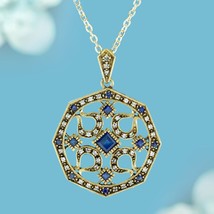 Natural Blue Sapphire Diamond Art Deco Style Pendant in 9K Yellow Gold - £790.95 GBP