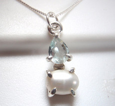 Faceted Blue Topaz Teardrop and Cultured Pearl 925 Sterling Silver Pendant - £10.09 GBP