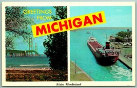 Water Wonderland Dual View Banner Greetings From Michigan MI Chrome Postcard A11 - £3.02 GBP