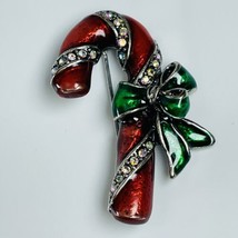 Vintage OTC Signed Red Green Enamel Candy Cane Christmas Brooch Pin Rhin... - $19.55