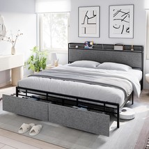 Queen Size Bed Frame With 2 Storage Drawers, Lined Fabric Upholstered, Grey - $233.92