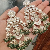 Bollywood Style Gold Plated Indian CZ Kundan Green Jhumka Earrings Jewelry Set - £29.87 GBP