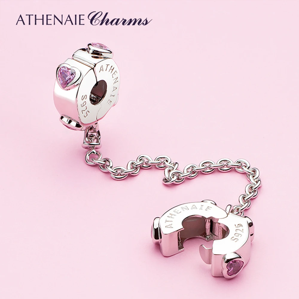 Authentic 925 Sterling Silver Pink CZ Love Hearts Dangle Safety Chain Charm Fit  - £39.86 GBP