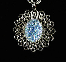 Iridescent Blue Glass Cabs Flower Pendant 2 Sided Vintage Necklace Silvertone - £17.50 GBP