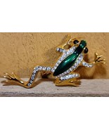 Vintage Gold Tone Crystal Green Enamel Frog Brooch Pin Lucky Symbol Animal  - £17.44 GBP