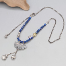 Lapis Lazuli Beaded Adjustable Sterling Silver Lotus Charm Adjustable Necklace - £55.32 GBP