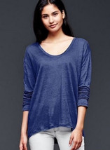 GAP 100% Linen Scoop Dark Blue Burnout Top Womens XS Oversized Long Sleeve Tee - £18.93 GBP
