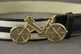 Modern Cynthia Rowley Black &amp; White Leather Belt Gold Bicycle Belt Buckle Med - £14.36 GBP