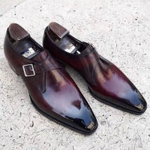 Handmade Men Burgundy Cowhide Leather Single Monk Chisel Toe Dress Formal Shoes - £129.43 GBP+