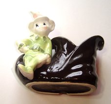 Vintage 1950s Shawnee Elf In Green on Brown Pixie Boot Shoe Ceramic Pottery - $22.99