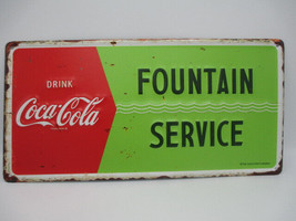Coca-Cola Distressed Metal Sign Embossed Green Fountain Service Retro - £9.71 GBP