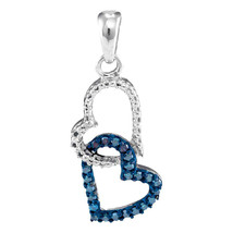 10k White Gold Round Blue Color Enhanced Diamond Double Heart Dangle Pendant 1/6 - £109.82 GBP
