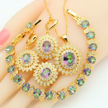 Rainbow Blue Green Stone Gold Color Bridal Jewelry Sets For Women Earrings Neckl - £28.94 GBP