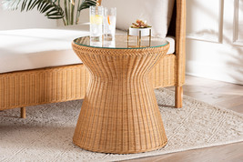 Ceri Bohemian Light Honey Braided Rattan End Table w/Glass Tabletop - $205.00