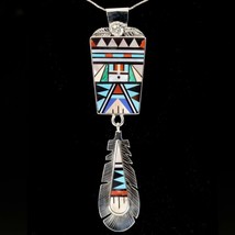 Rick &amp; Lucy Vacit zuni Sterling &amp; gemstone inlay Feather pendant 6&quot; - £461.87 GBP