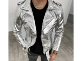 Stylish Men Silver Jacket Genuine Lambskin Leather Handmade Fashion Casual Biker - £88.18 GBP+