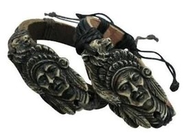  2 Pc Leather Wrapped Carved Native Man&#39;s Face Bracelet JL751 - £8.34 GBP