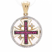 14K Yellow Gold Jerusalem Cross Round Pendant with Rubies and Diamonds Gift - £1,304.11 GBP