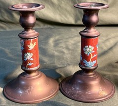 Vintage Pair of Two 2 Brass and Cloisonne Asian Chinese Candlesticks Set Birds - £32.68 GBP